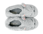 Pair of gray fluffy slippers with cat ears and embroidered faces on a white background