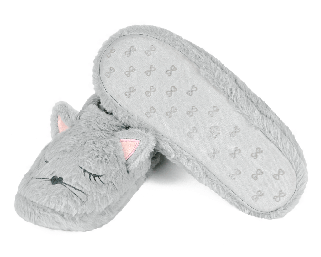 Gray cat-shaped slippers on a white background, one slipper is upside-down to show the non-slip sole