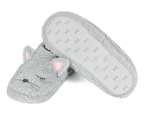 Gray cat-shaped slippers on a white background, one slipper is upside-down to show the non-slip sole