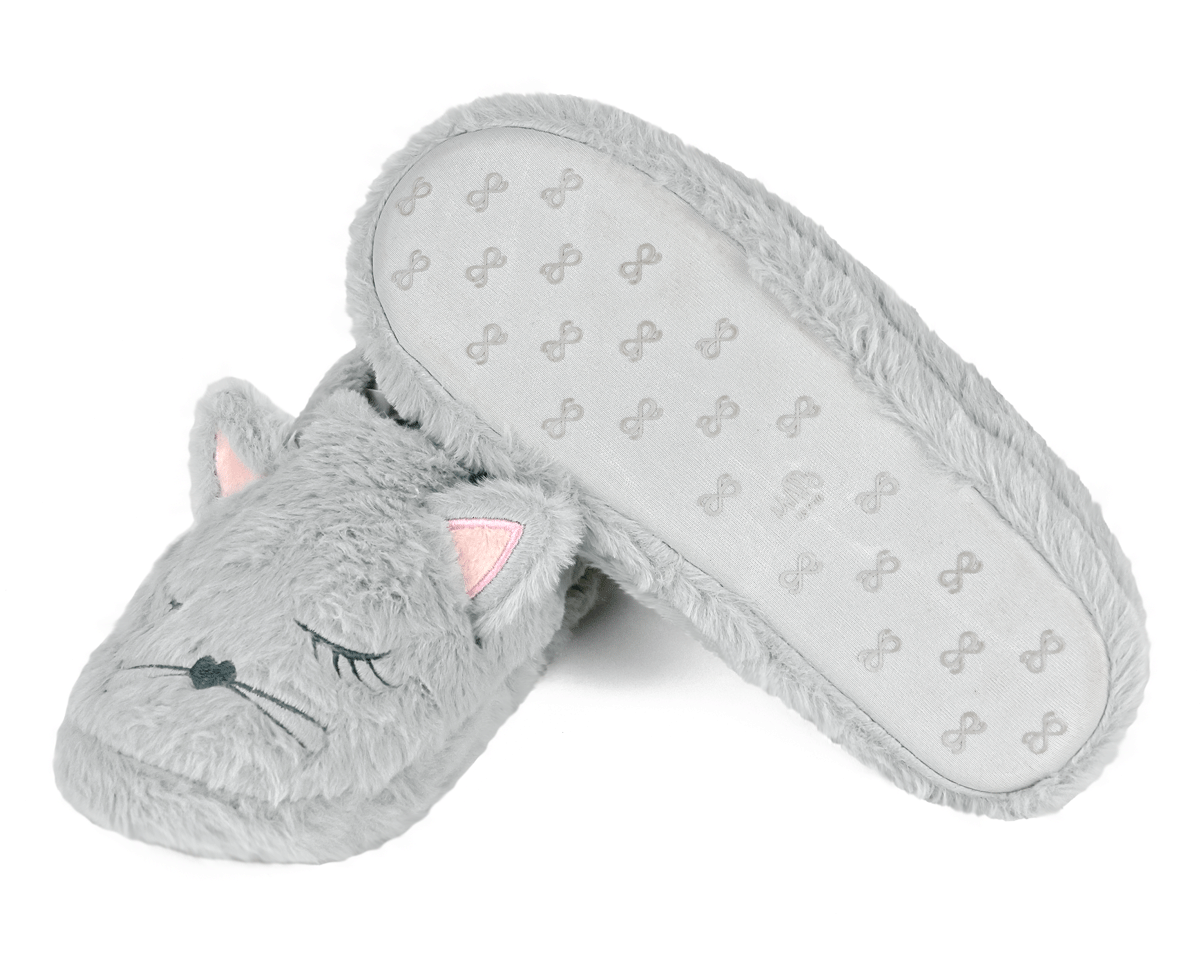 Gray cat-shaped slippers on a white background, one slipper is upside-down to show the non-slip sole