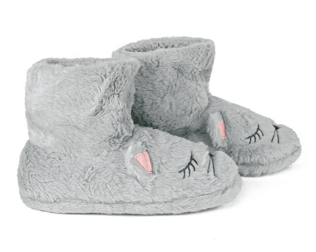 Gray fluffy cat slippers on a white background