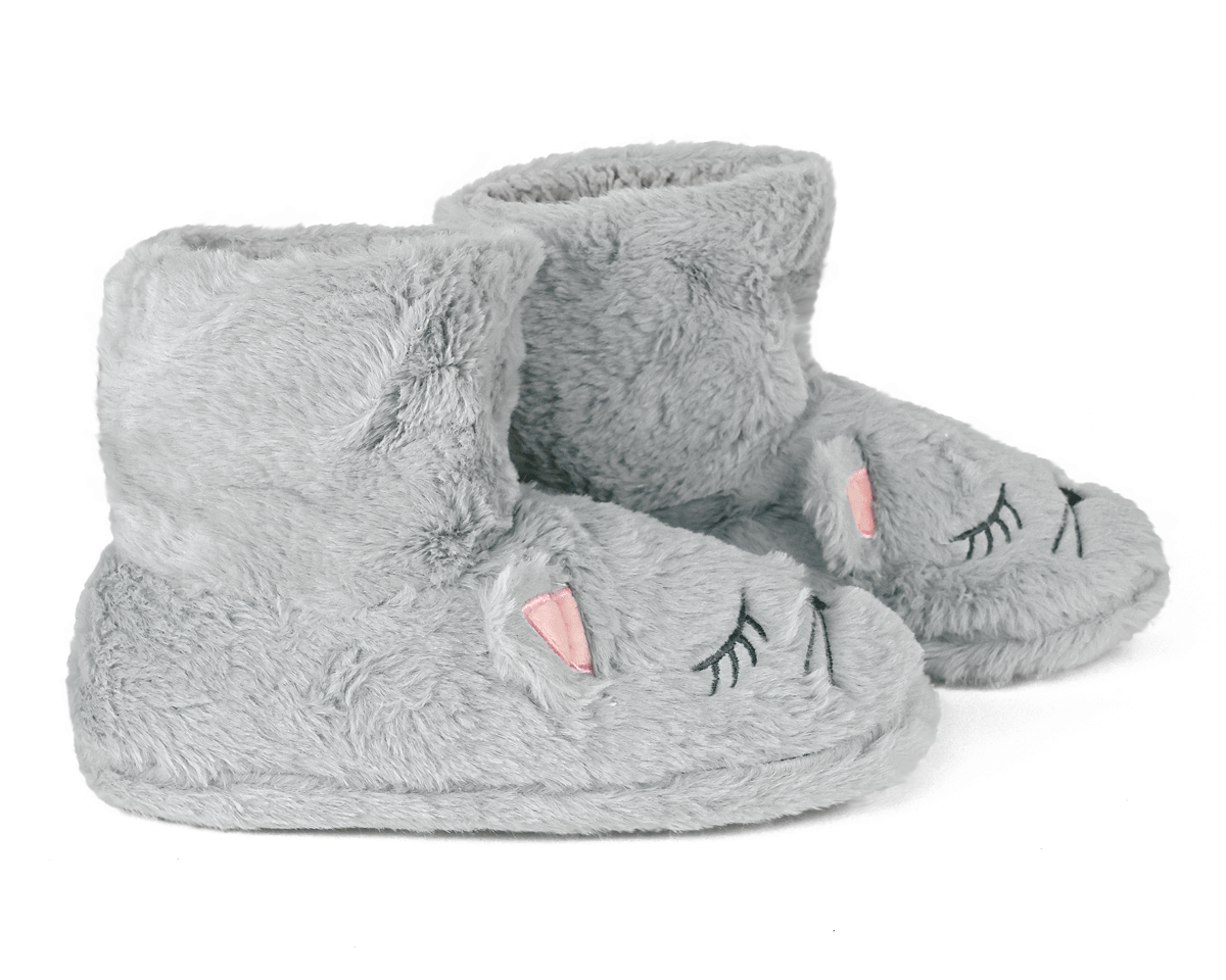 Gray fluffy cat slippers on a white background