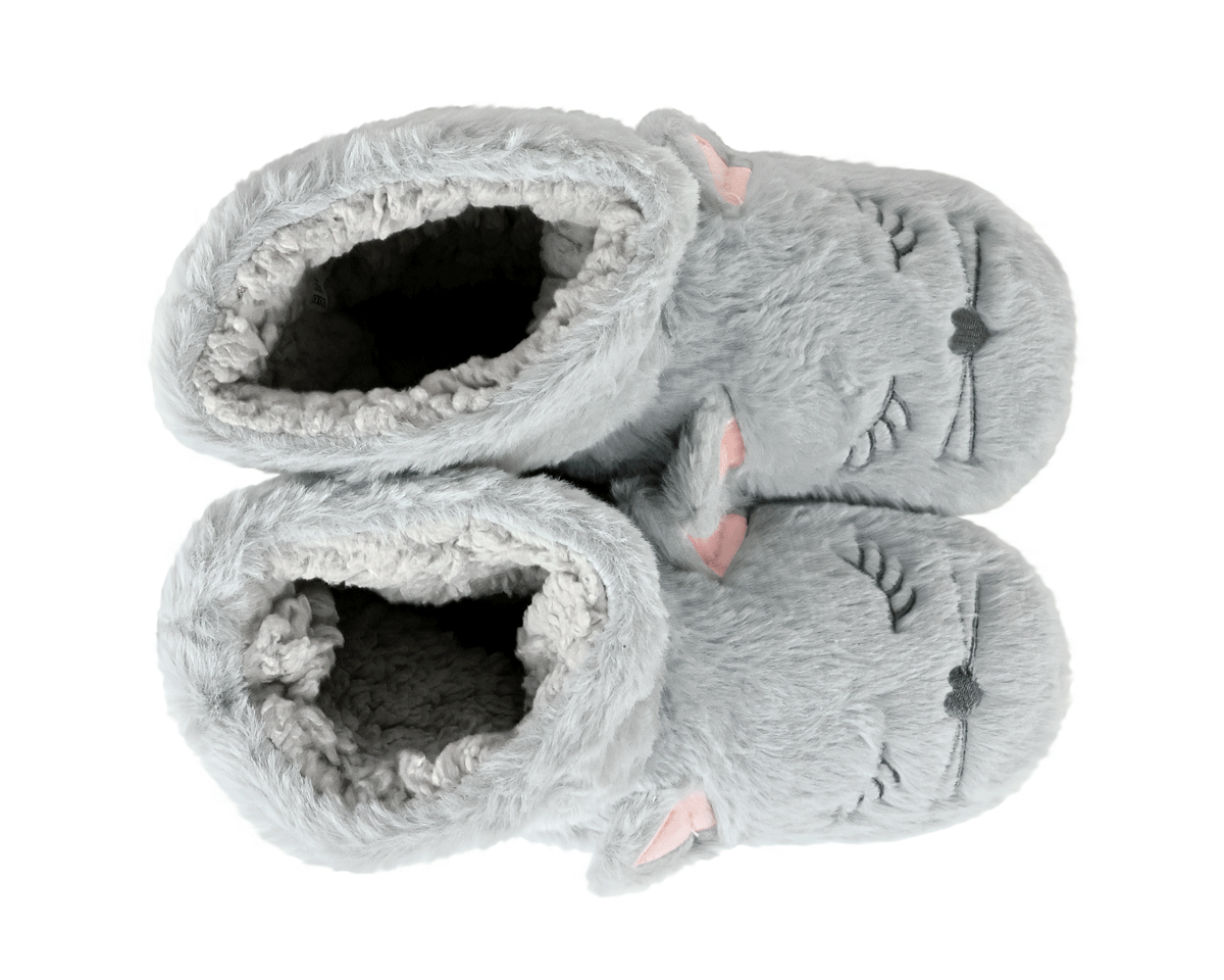 Pair of gray cat-shaped slippers on a white background