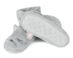 Gray slippers with cat face design on a white background, one slipper is turned upside-down to show a non-slip sole