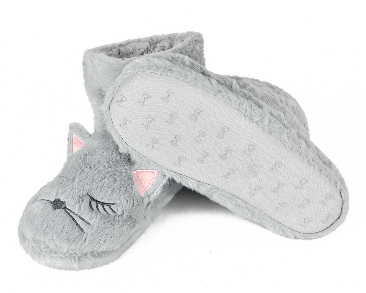 Gray slippers with cat face design on a white background, one slipper is turned upside-down to show a non-slip sole