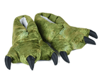 Pair of plush dinosaur claw slippers with green scaly textured plush and three black claws on each slipper.