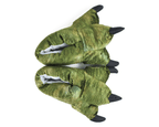 Pair of green dinosaur claw slippers seen from above.