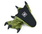 Pair of plush green dinosaur claw slippers, with one flipped upside down to show black fabric sole with non-slip grips.