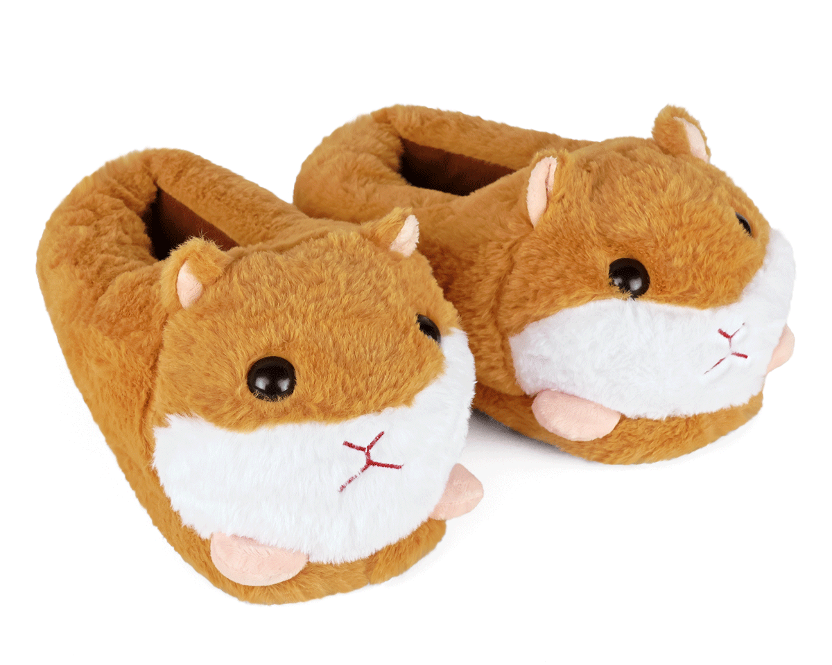 Pair of plush slippers shaped like guinea pigs on a white background