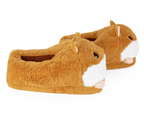 Pair of plush slippers shaped like guinea pigs, seen from the side, on a white background