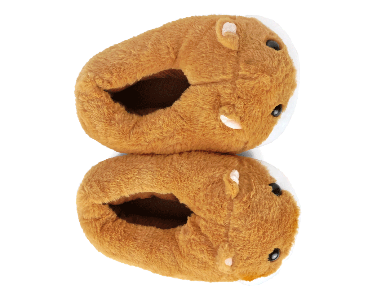 Pair of plush slippers shaped like guinea pigs, seen from above, on a white background