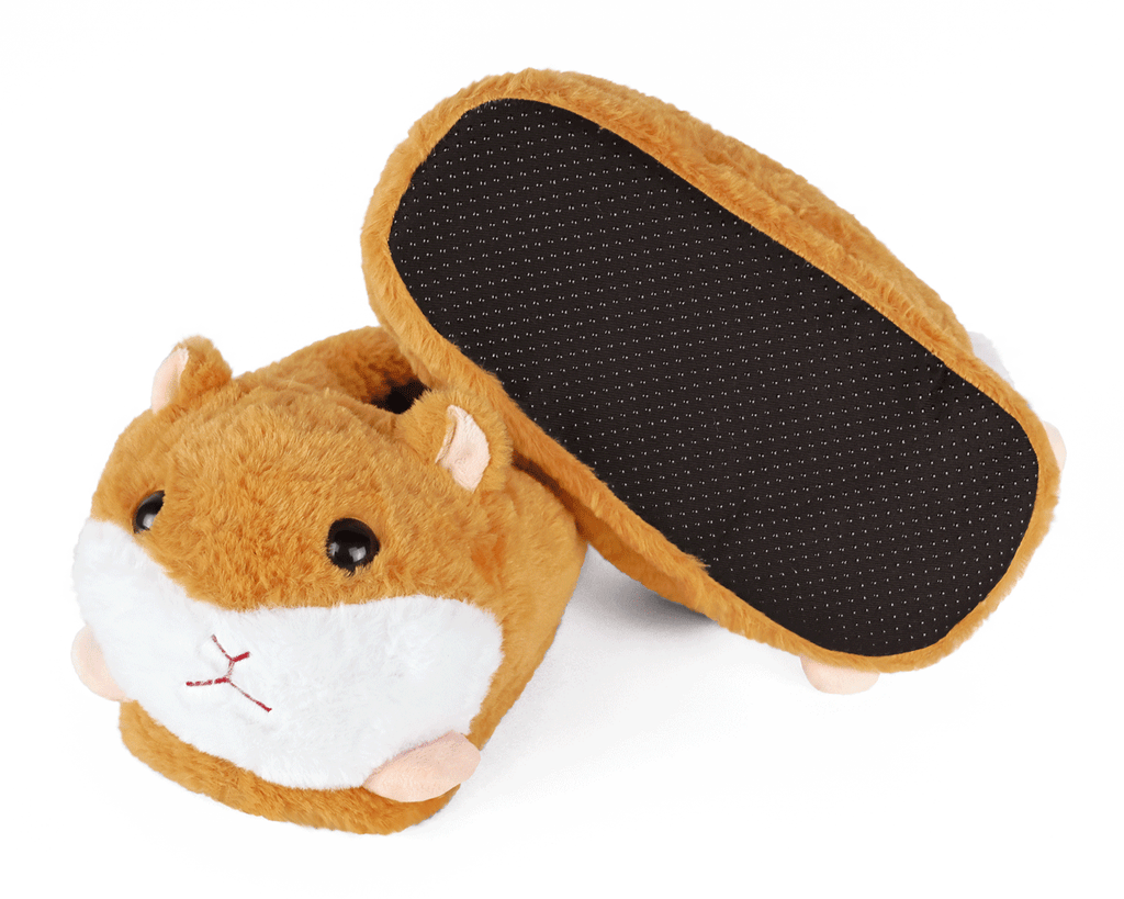 Pair of plush slippers shaped like guinea pigs, one is turned upside down to show non-slip grips on sole, on a white background