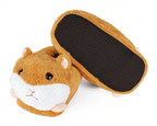 Pair of plush slippers shaped like guinea pigs, one is turned upside down to show non-slip grips on sole, on a white background