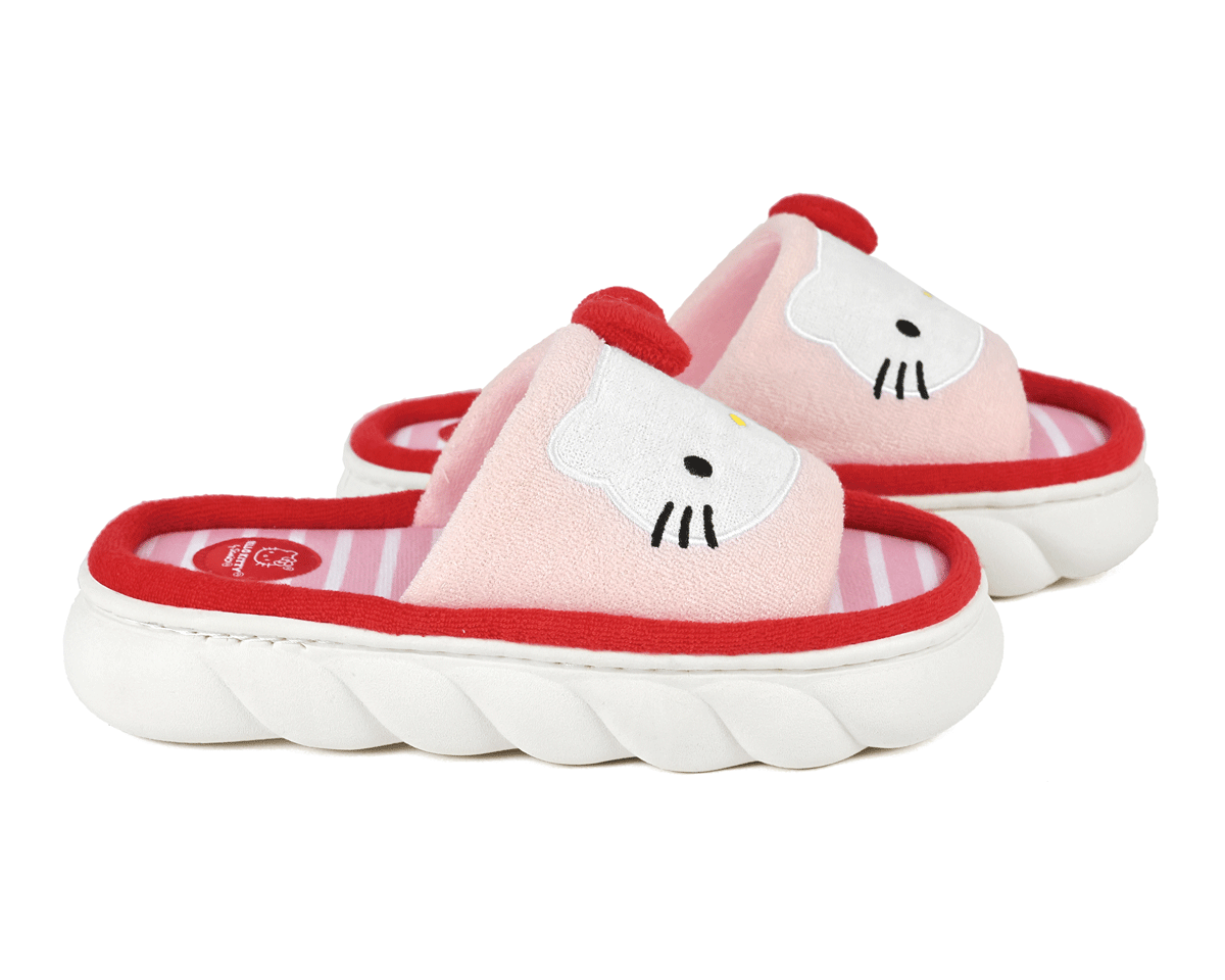 Pair of pink, red, and white slippers with red trim and hello kitty faces on a white background