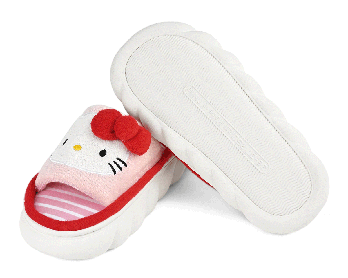 Slippers with a Hello Kitty design on a white background.  One slipper is shown upside-down and has a white cloud-like shape with non-slip grips on sole.