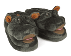 Pair of hippo-shaped slippers on a white background