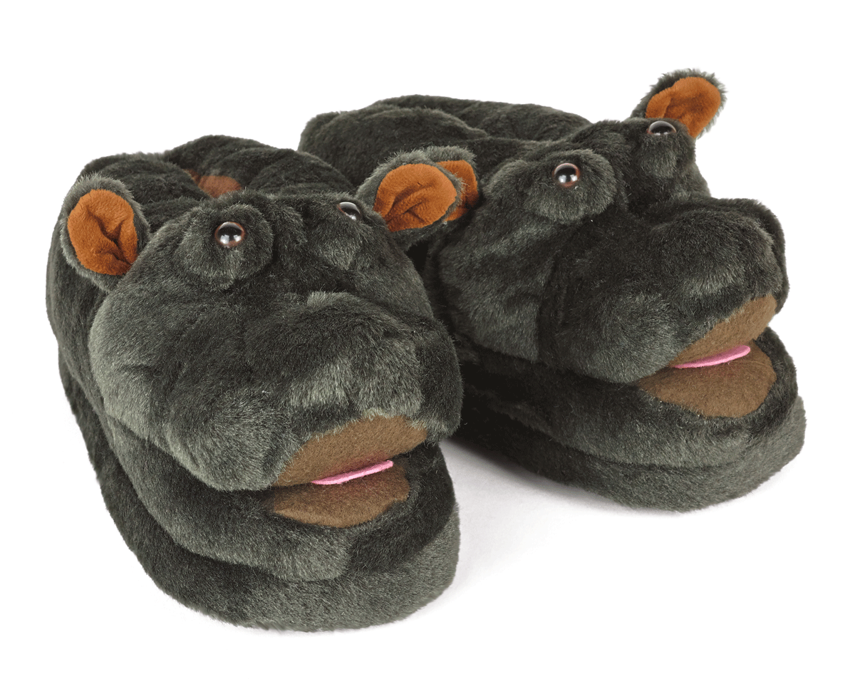 Pair of hippo-shaped slippers on a white background