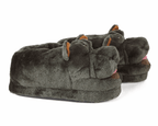 Pair of gray slippers with a hippo design on a white background