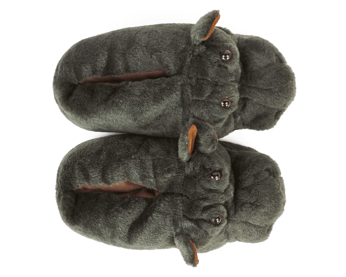 Gray hippo-shaped slippers on a white background