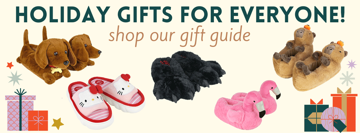 Promotional banner for holiday gifts with various animal slippers and text.