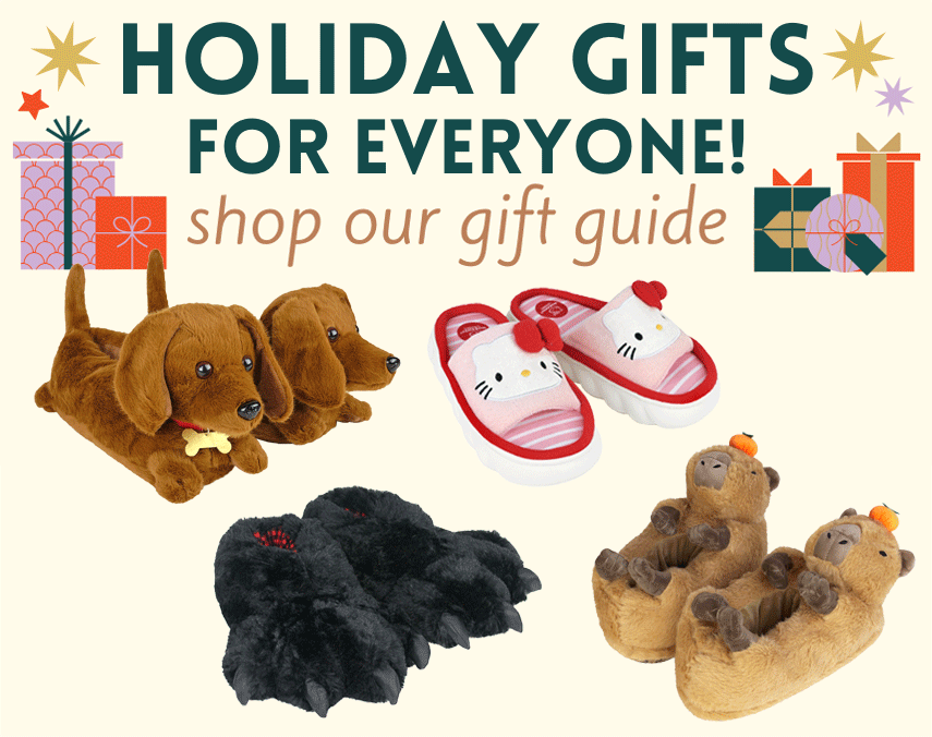 Promotional graphic for holiday gifts with slippers on a white background