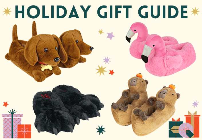 Holiday gift guide with plush slippers shaped like dogs, flamingos, and bears on a white background.
