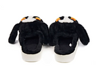 Pair of plush hound dog slippers seen from the back.