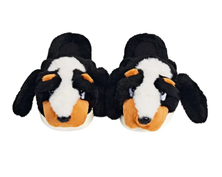 Pair of plush hound dog slippers seen from above