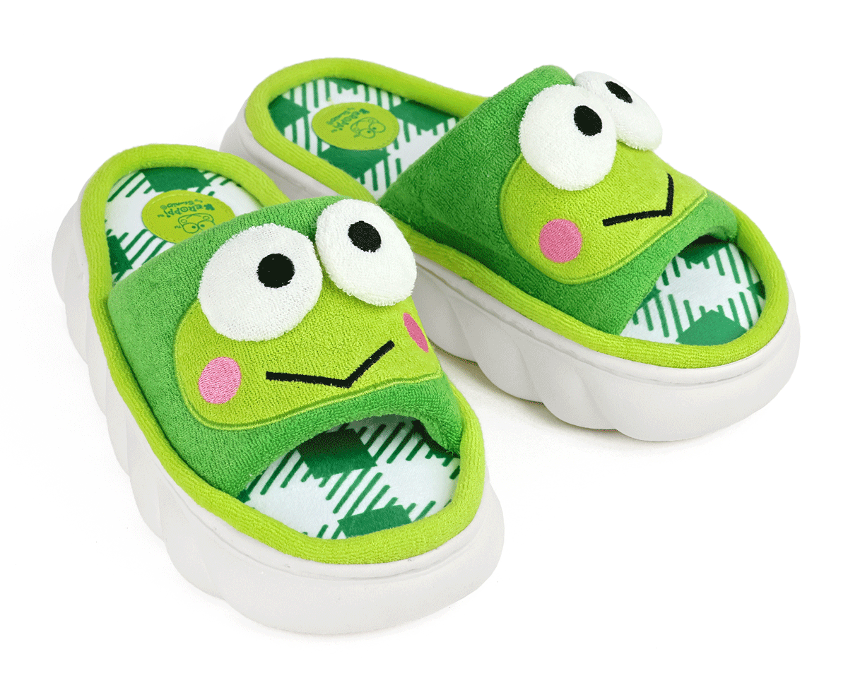 Slide-style slippers featuring the face of Keroppi from Sanrio