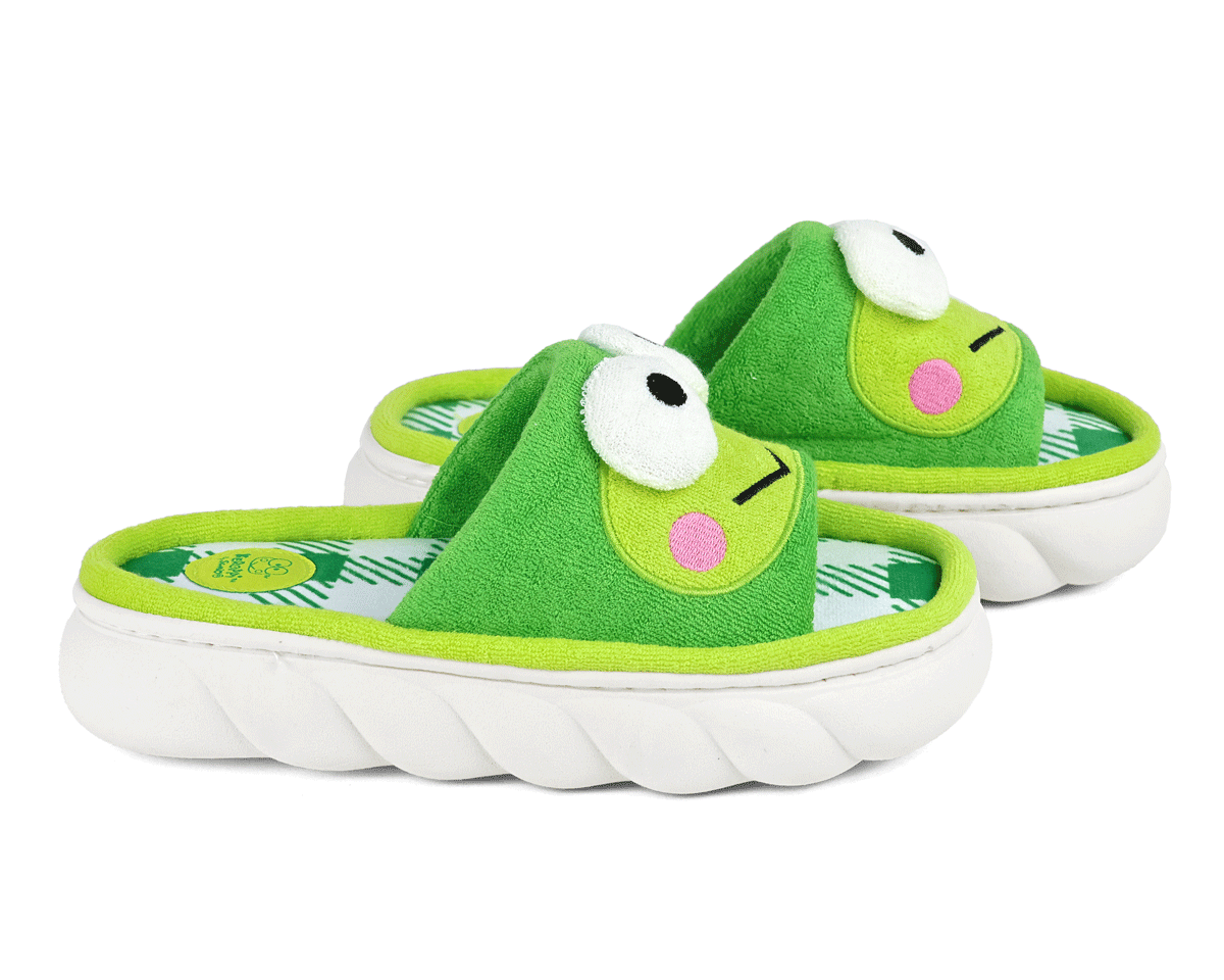 Pair of slide-style slippers featuring the face of Keroppi from Sanrio, shown from the side to see thick footbeds that are molded into the shape of clouds