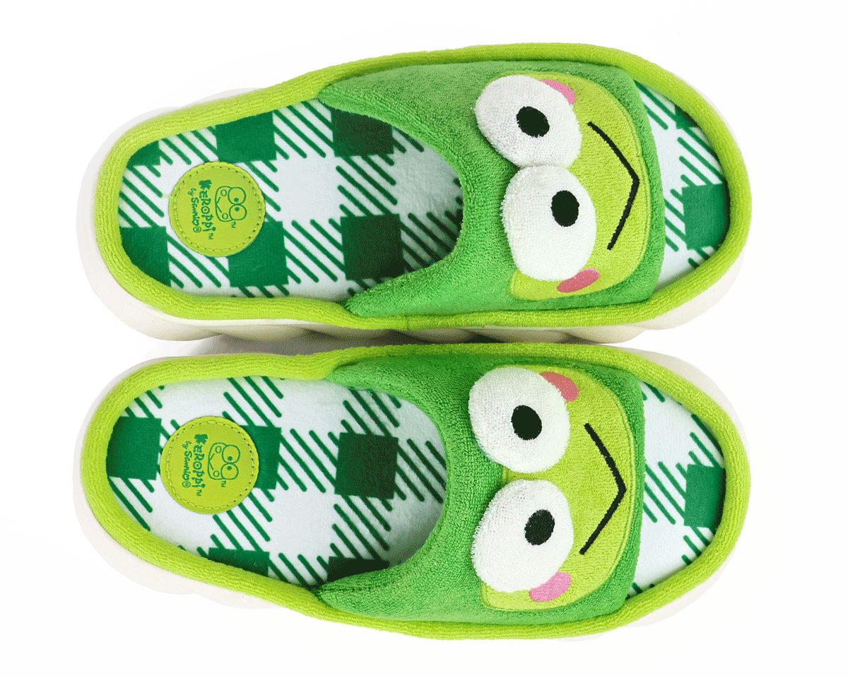 Pair of slide-style slippers featuring the face of Keroppi from Sanrio, shown from above to see green and white plaid footbeds and the official Keroppi logo.