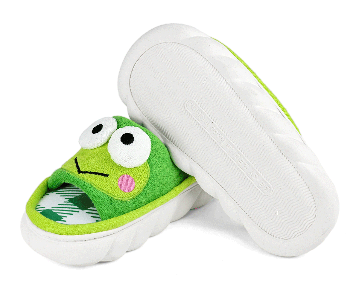 Pair of slide-style slippers featuring the face of Keroppi from Sanrio.  One slipper is turned upside down to show traction on the white soles.