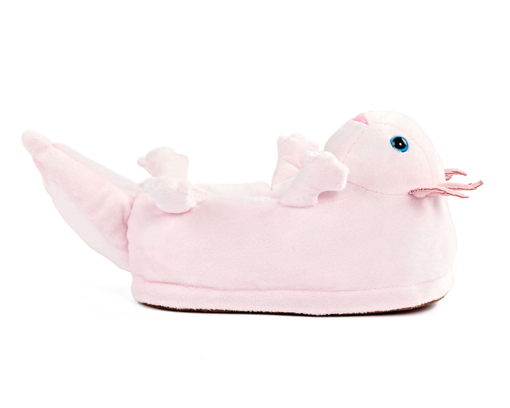 Pink plush axolotl slipper with tail, legs, gills, and blue eyes, on a white background
