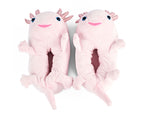 Pair of pink plush axolotl slippers seen from above on a white background
