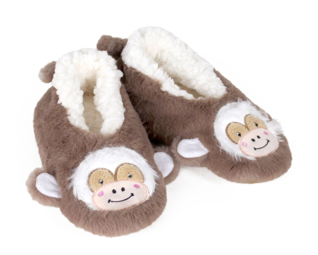 A pair of plush monkey-themed slippers in brown and white faux fur, featuring embroidered monkey faces on the toes and white sherpa lining inside, shown on a white background.