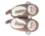 A pair of plush monkey-themed slippers in brown and white, featuring embroidered monkey faces on the front and small tail details.