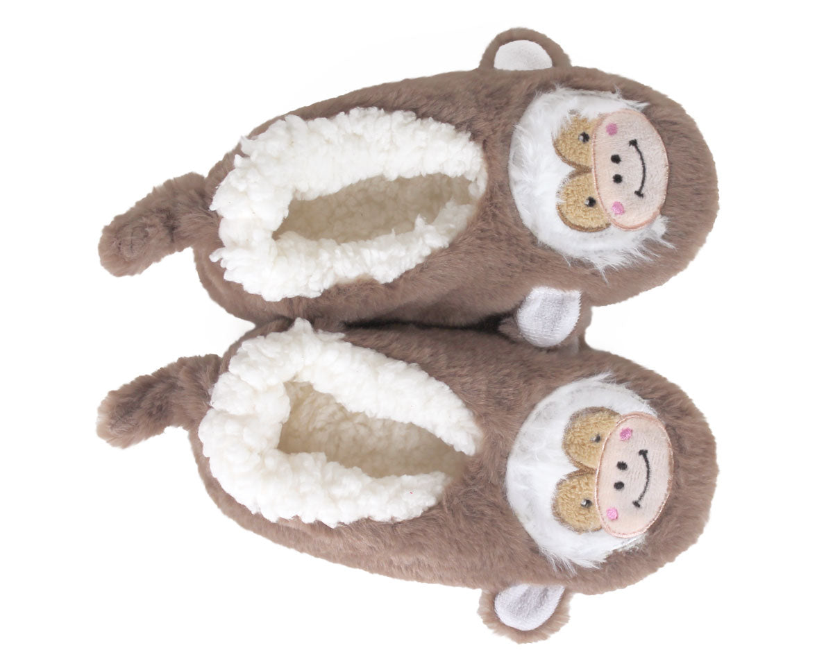 A pair of plush monkey-themed slippers in brown and white, featuring embroidered monkey faces on the front and small tail details.