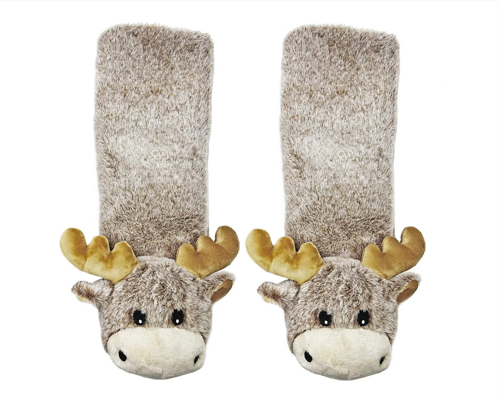 Moose sock slippers with fuzzy brown faux fur on a white background