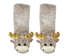 Moose sock slippers with fuzzy brown faux fur on a white background
