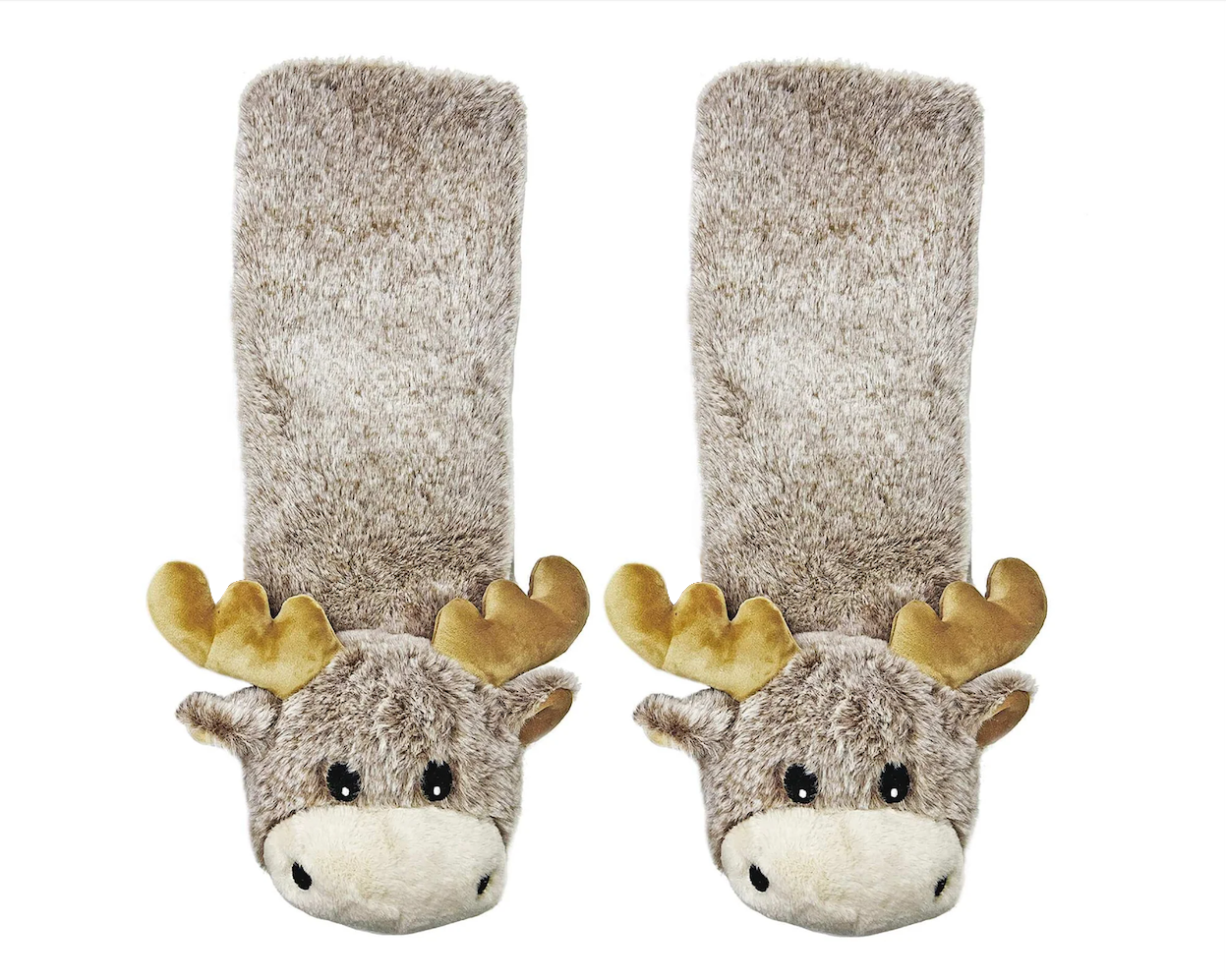 Moose sock slippers with fuzzy brown faux fur on a white background