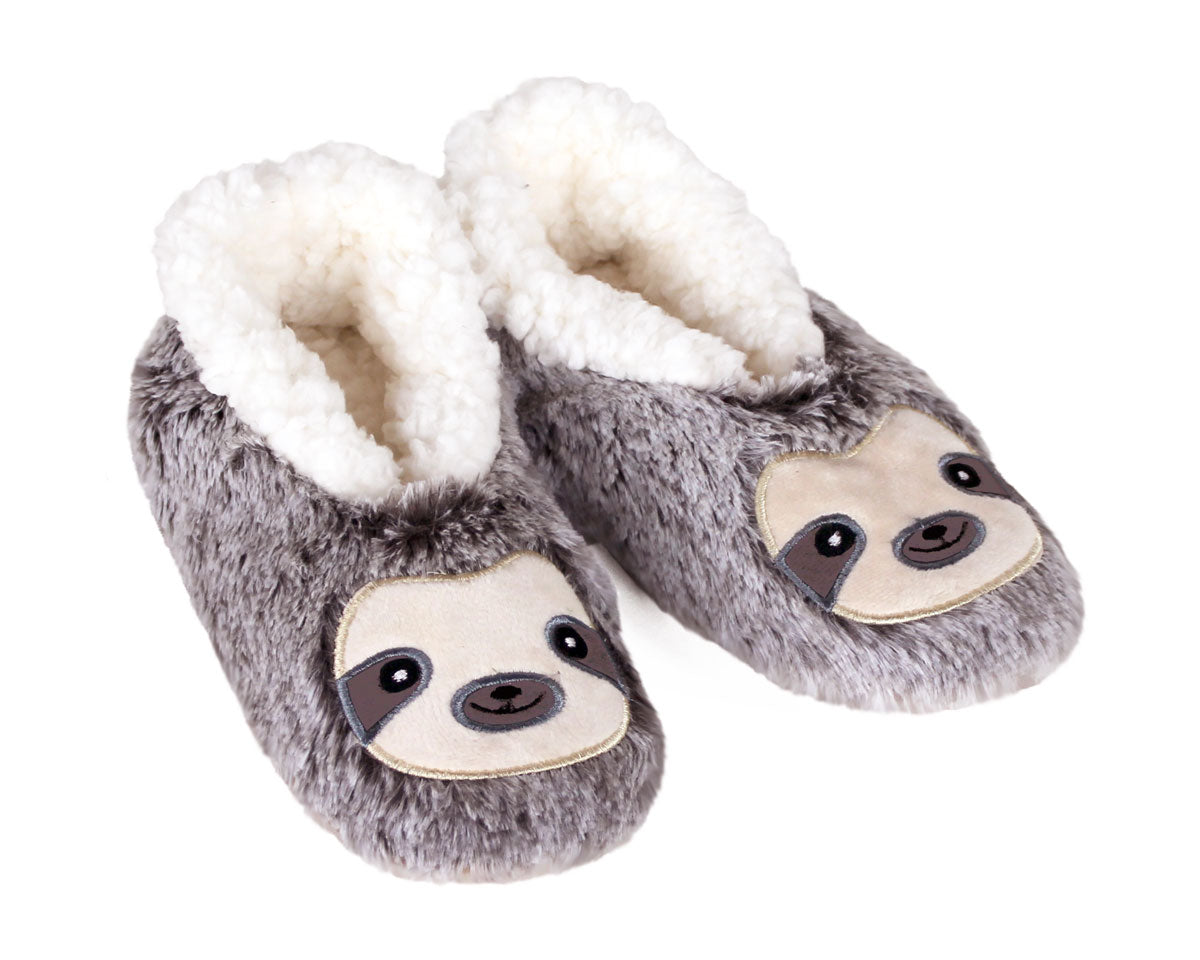 A pair of plush gray slippers designed to look like sloths, featuring a soft white faux-fur lining and a stitched sloth face on the toe area, set against a plain white background.