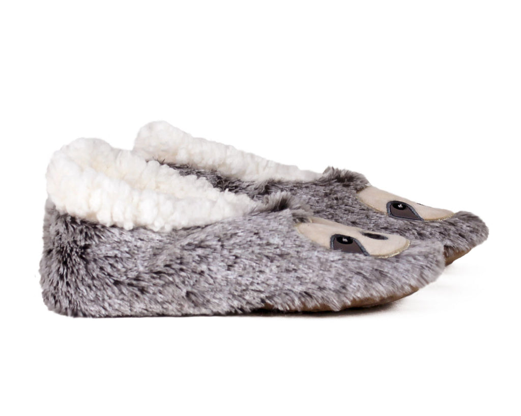 A pair of plush gray slippers designed to look like a sloth, featuring a soft white faux-fur lining and embroidered facial details on the toes, shown against a plain white background.