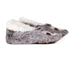 A pair of plush gray slippers designed to look like a sloth, featuring a soft white faux-fur lining and embroidered facial details on the toes, shown against a plain white background.