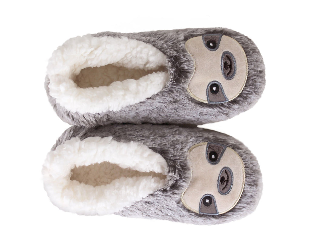 A pair of gray plush slippers designed to look like sloths, featuring a soft white faux-fur lining and a beige sloth face applique on the side, shown against a plain white background.