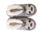 A pair of gray plush slippers designed to look like sloths, featuring a soft white faux-fur lining and a beige sloth face applique on the side, shown against a plain white background.