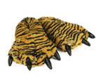 A pair of plush clawed gloves designed to look like a tiger or cat paws, featuring a yellow and black striped faux fur pattern with black pleather claws, shown on a plain white background.