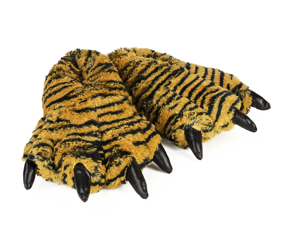 A pair of plush clawed gloves designed to look like a tiger or cat paws, featuring a yellow and black striped faux fur pattern with black pleather claws, shown on a plain white background.