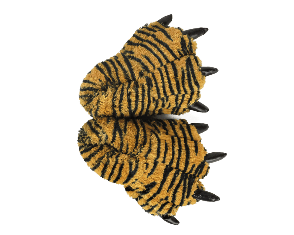 A pair of plush animal claw slippers in a yellow and black tiger-stripe pattern, shown on a plain white background.
