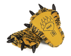 A pair of clawed, tiger-striped plush slippers with a yellow fabric footbed with non-slip grips. One slipper is shown right-side up with black claws and yellow/black faux fur, while the other is upside-down to show the sole printed with a paw print, 'M&F' logo, and size 'S'.