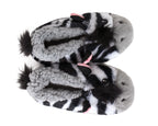 A pair of plush zebra-themed slippers with black and white striped bodies, gray fluffy ears, and small pink inner-ear accents, shown on a plain white background.